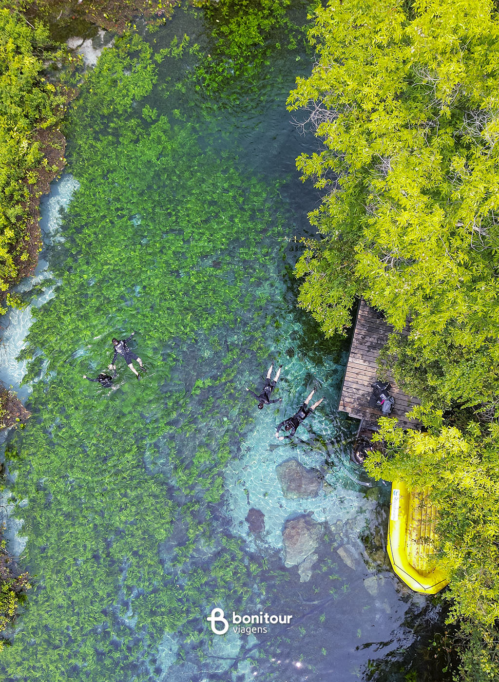 vista aérea do rio azul com um deque de acesso ao rio