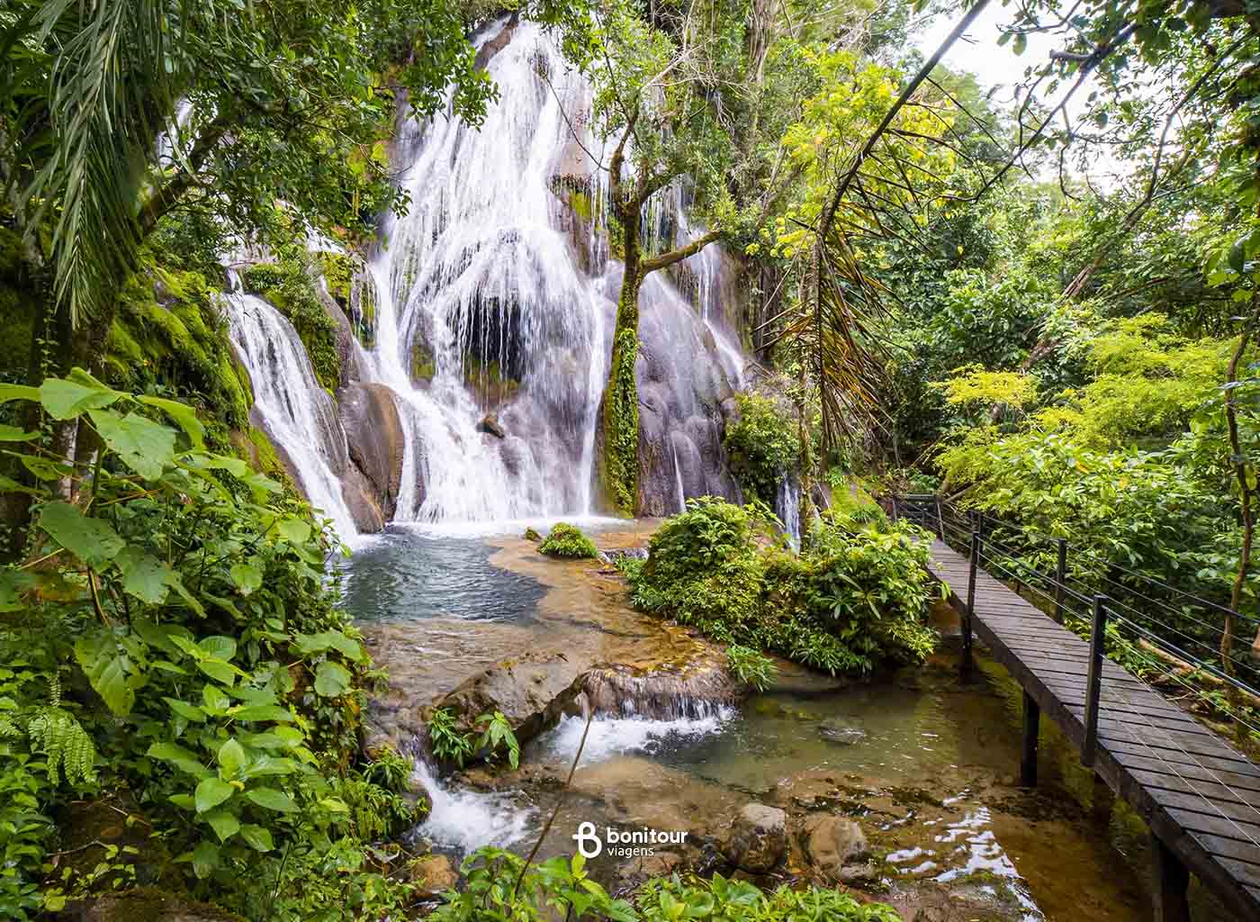 Ponte em meio a densa vegetação com cachoeira ao fundo na Boca da Onça