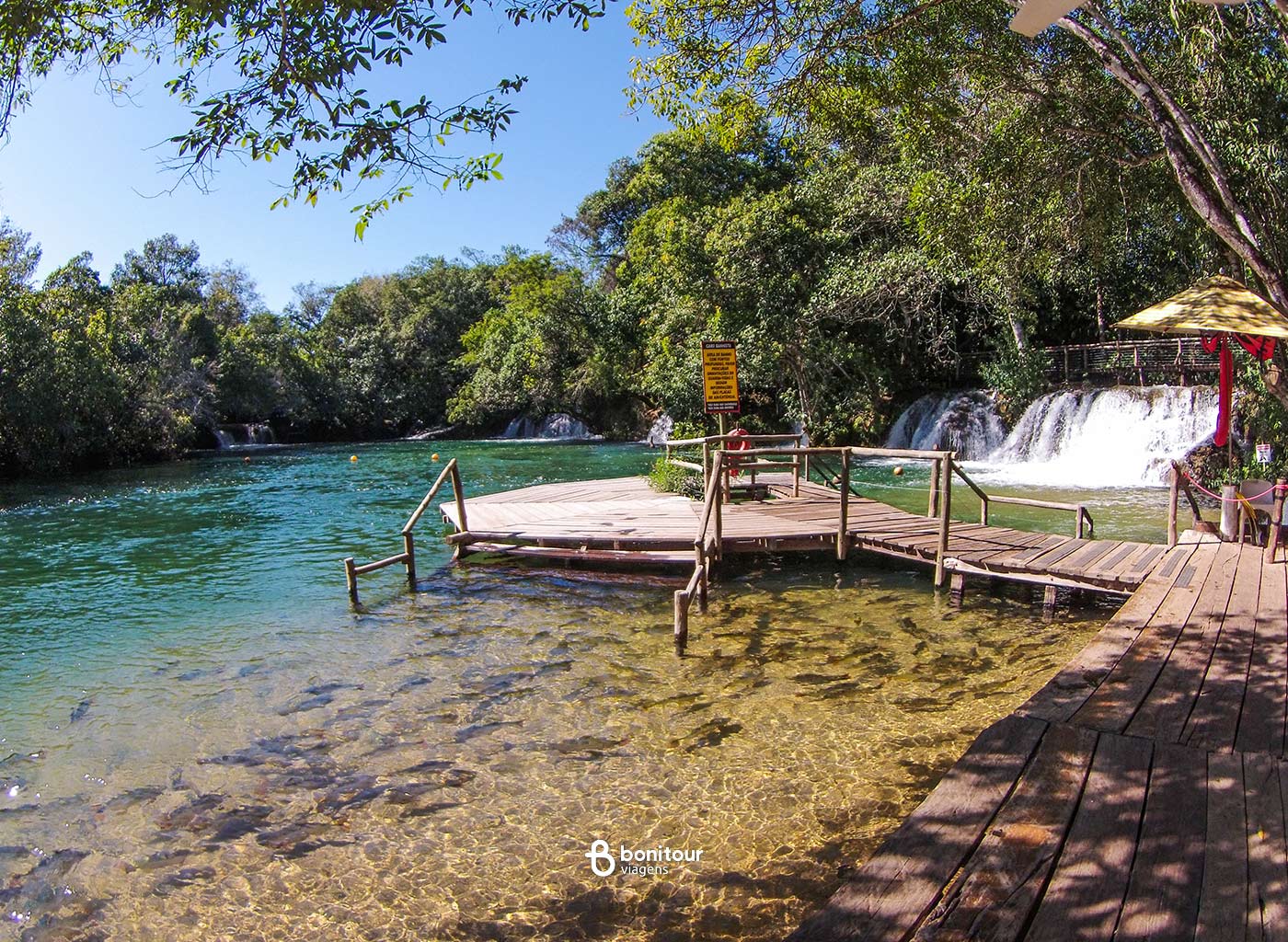 Deck de madeira a beira de águas cristalinas e cachoeira