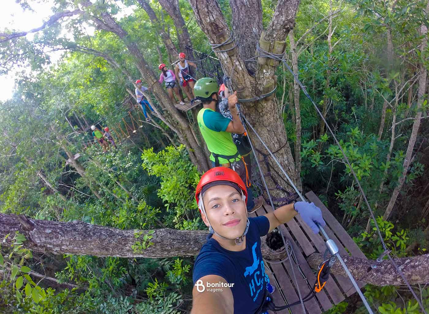 Pessoas com equipamento de segurança, no alto das árvores praticando arvorismo.