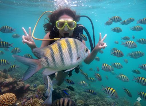 Turista mergulhando em Maragogi com cardume de peixes