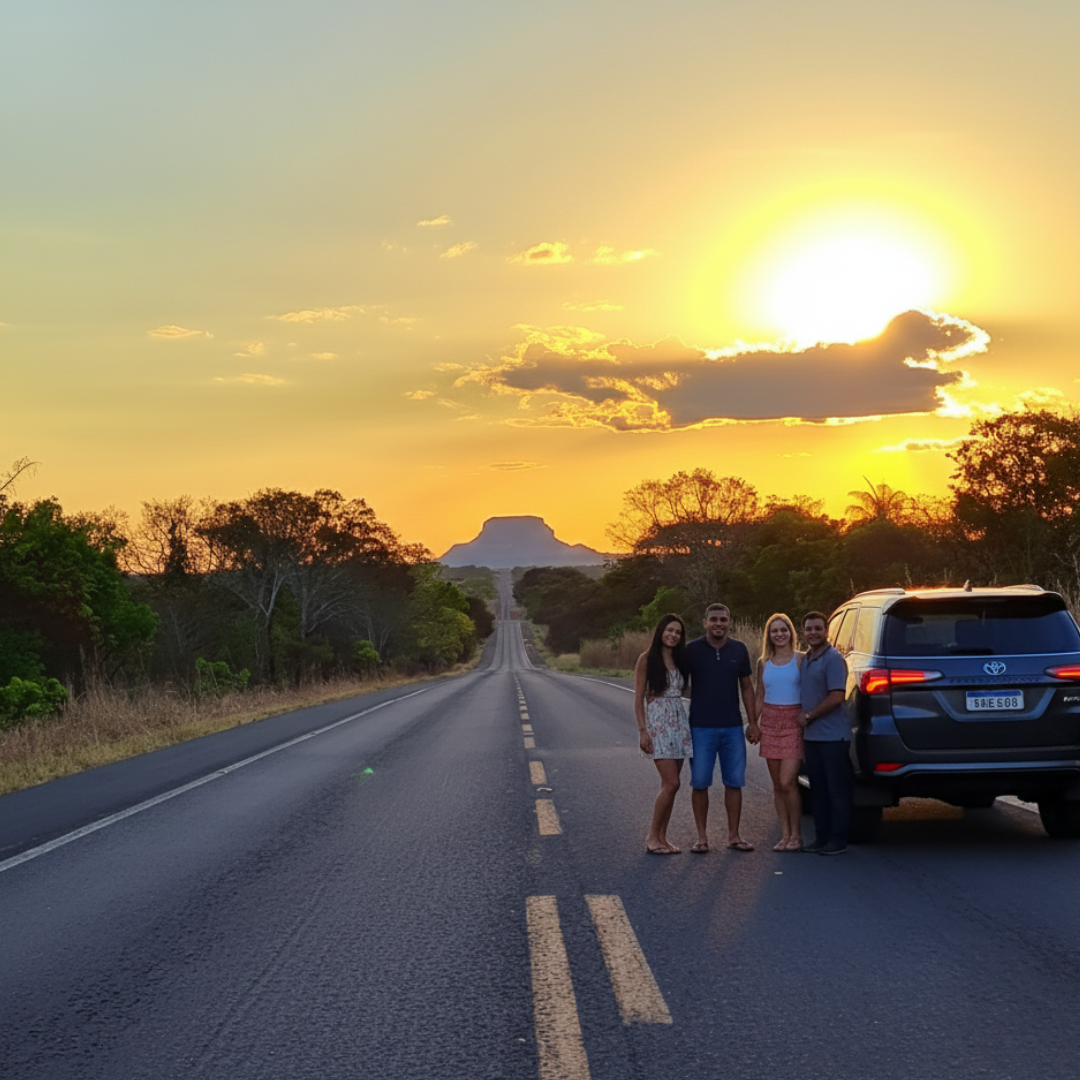 Estrada ao pôr do sol em Carolina durante viagem pela Chapada das Mesas