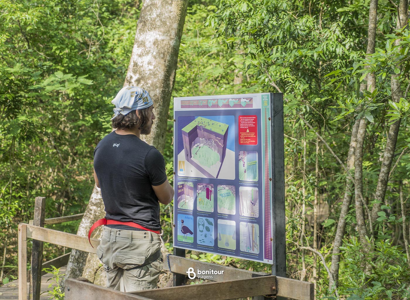 Pessoa lendo placa informativa com natureza de fundo