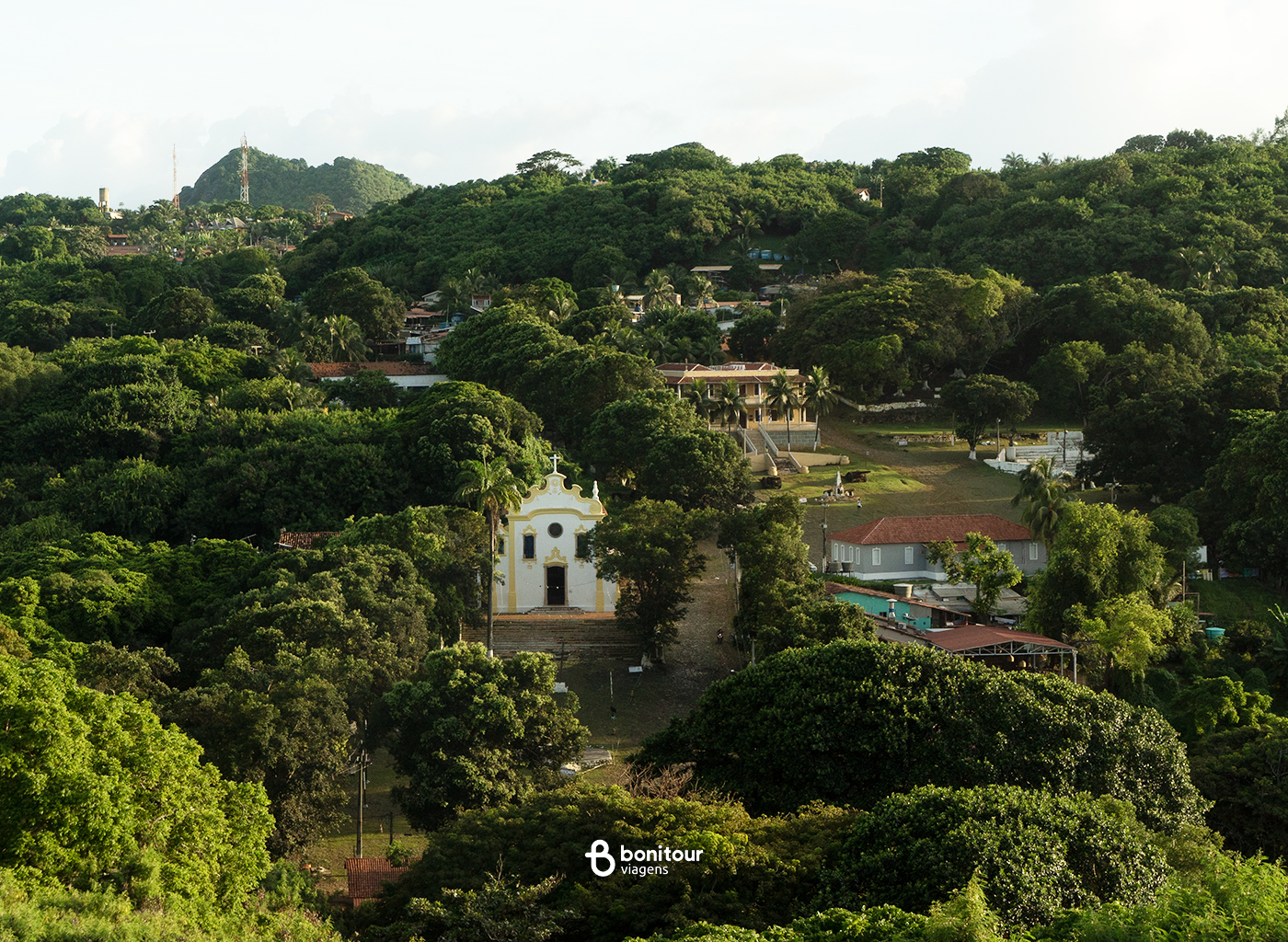 Vista de morro com densa vegetação, casas e igreja