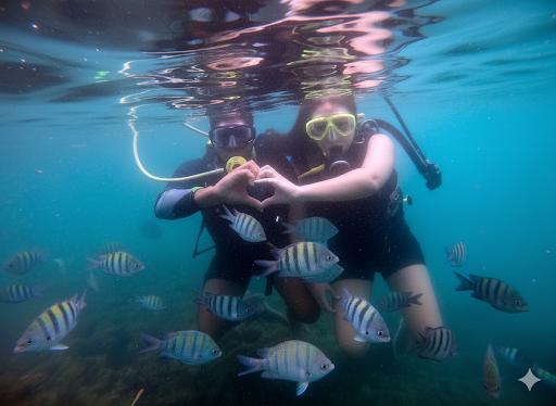 Casal mergulhando em Maragogi rodeado de peixes tropicais