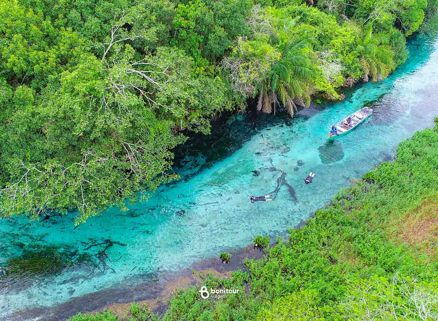 Barco navegando pelo Rio Sucuri, com densa vegetação nas margens.