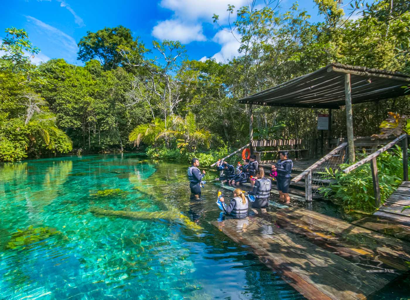 Pessoas na Nascente Azul em deck de madeira a beira de rio de águas cristalinas, com equipamentos de flutuação.