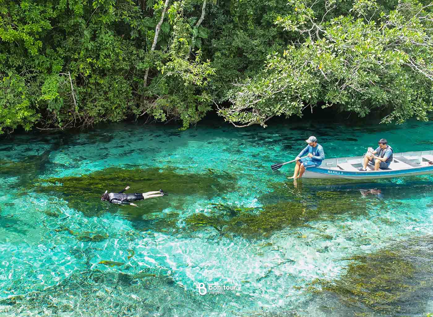 Pessoas em barco no Rio Sucuri, observando outra pessoa praticar flutuação em águas cristalinas.