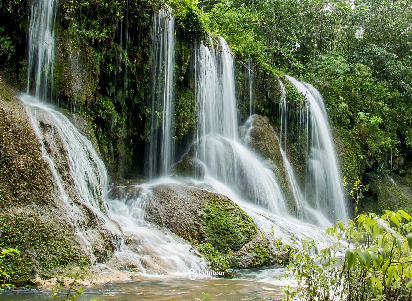 Vista de quedas d'água de cachoeira em meio a natureza.