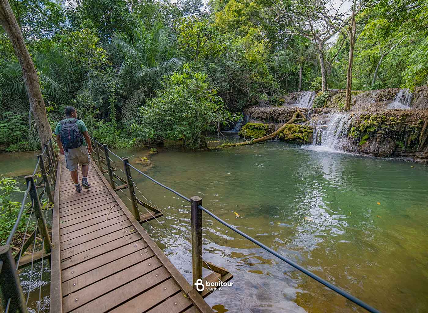 Pessoas andando em ponte por cima de águas cristalinas em meio a natureza em Bodoquena