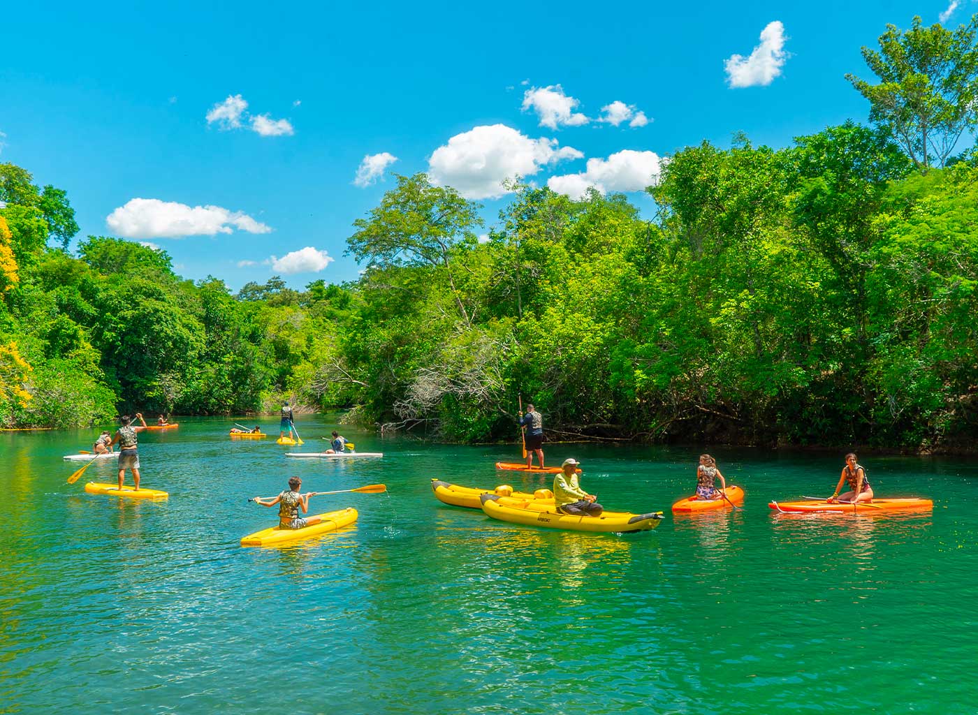 Pessoas se divertindo de Bote e Stand up Paddle nas águas do Rio Formoso
