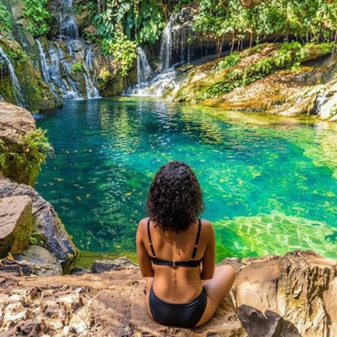 Turista admirando a Cachoeira de Santa Bárbara na Chapada das Mesas