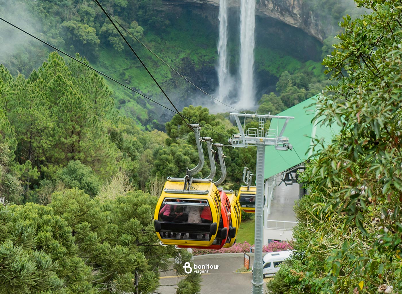 Bondinhos chegando na estação em meio a natureza da Serra Gaúcha com cachoeira de fundo