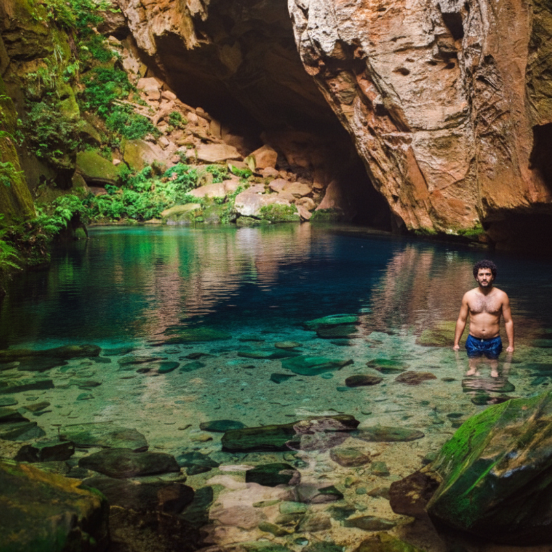 Casal aproveitando as águas do Encanto Azul durante passeio na Chapada das Mesas