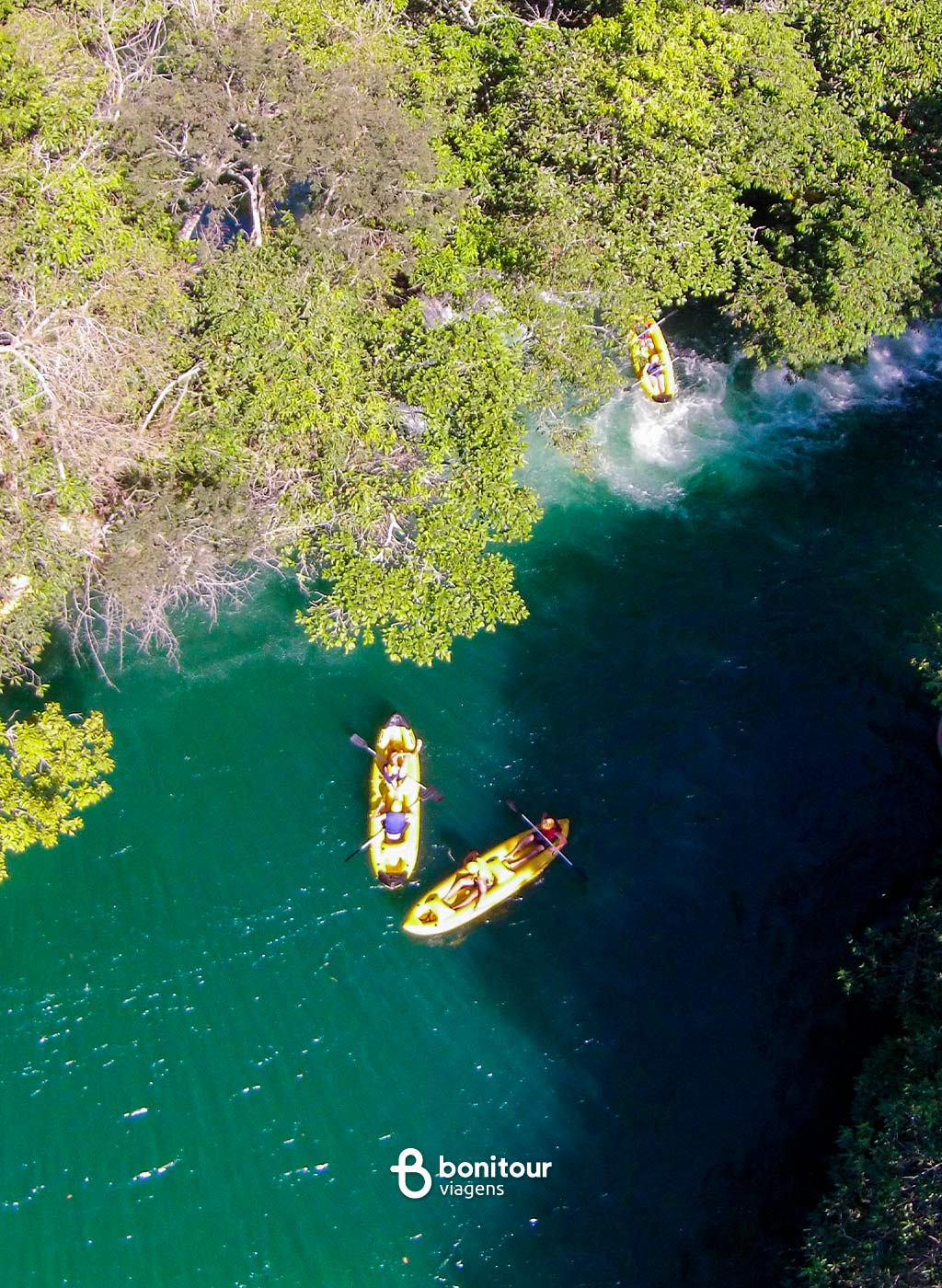 Pessoas se divertindo em bote a remo em águas em meio a natureza
