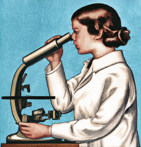 A drawing of a girl in a white labcoat looking through an antique microscope