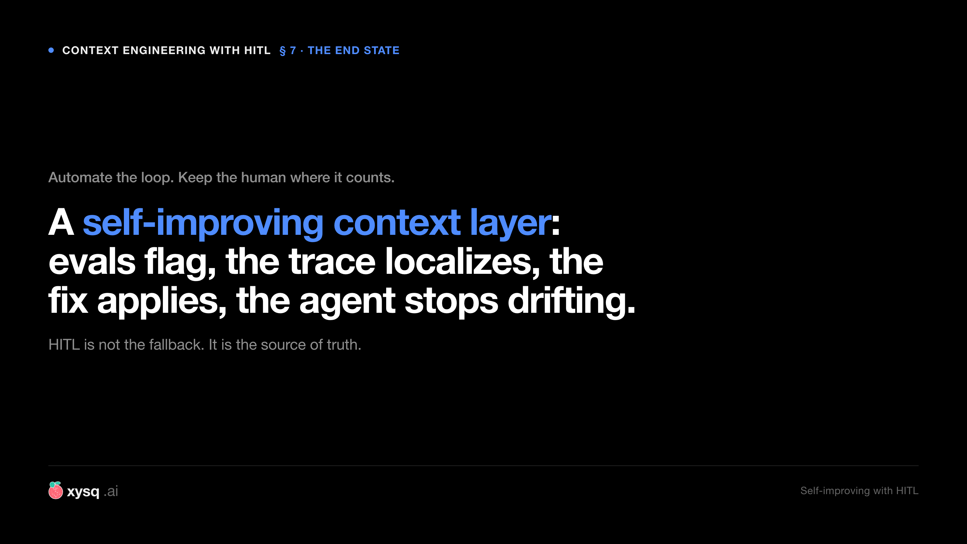 Automate the loop and keep the human where it counts. A self-improving context layer: evals flag, the trace localizes, the fix applies, the agent stops drifting.