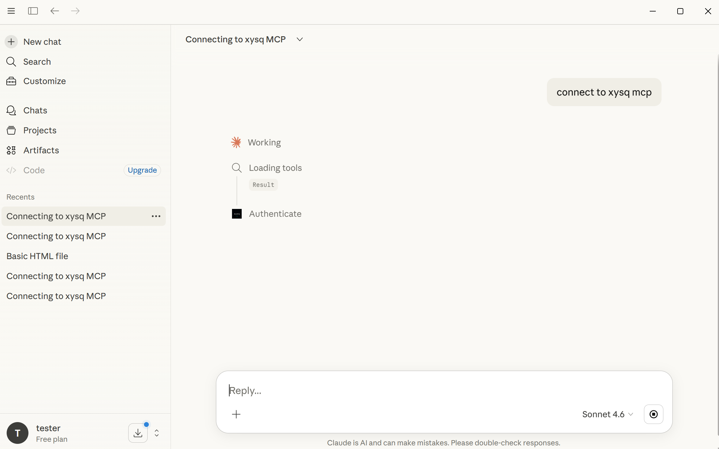 Claude connecting to xysq MCP