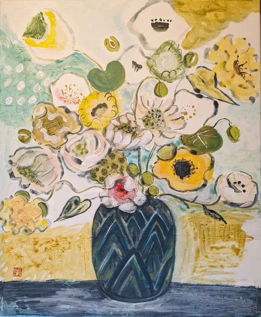 Ayako GUERIN, fleurs au vase art déco, Painting