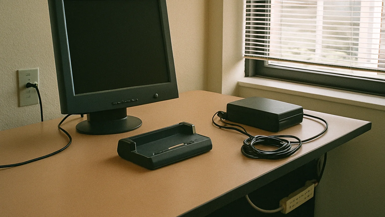 real office desk with neatly routed monitor and charger cables
