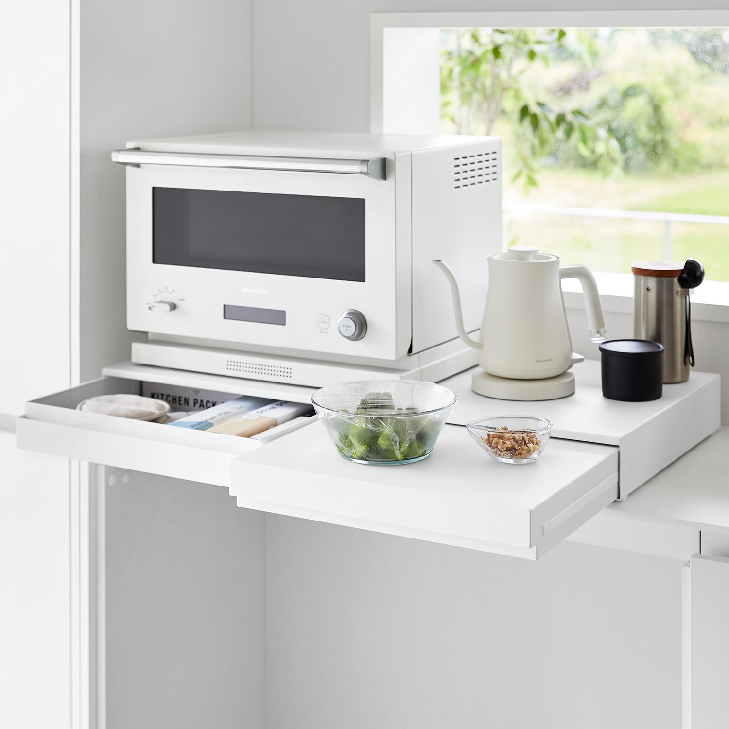 リバーシブルキッチン家電下スライドテーブル&引き出し タワー W80