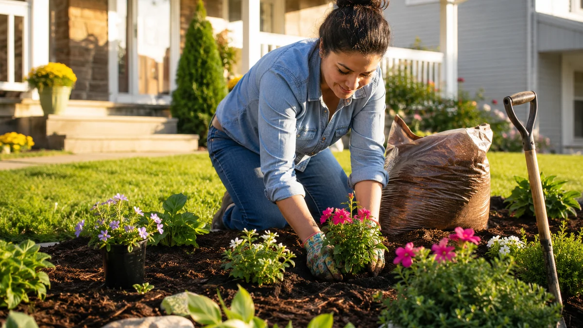 A person planting flowers in a front yard during a DIY landscaping project.