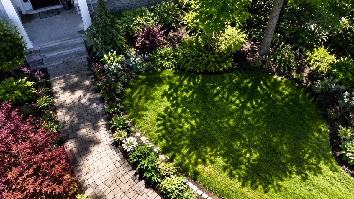 Aerial view of a front yard with distinct sunny and shaded areas.