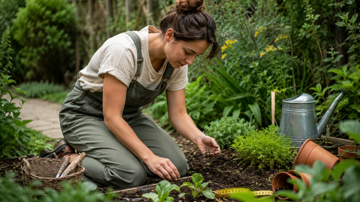 A gardener assessing soil and plants, highlighting backyard analysis.