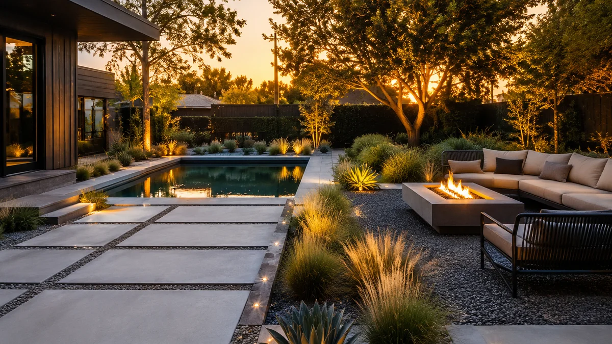 A modern backyard with clean lines and ornamental grasses during golden hour.
