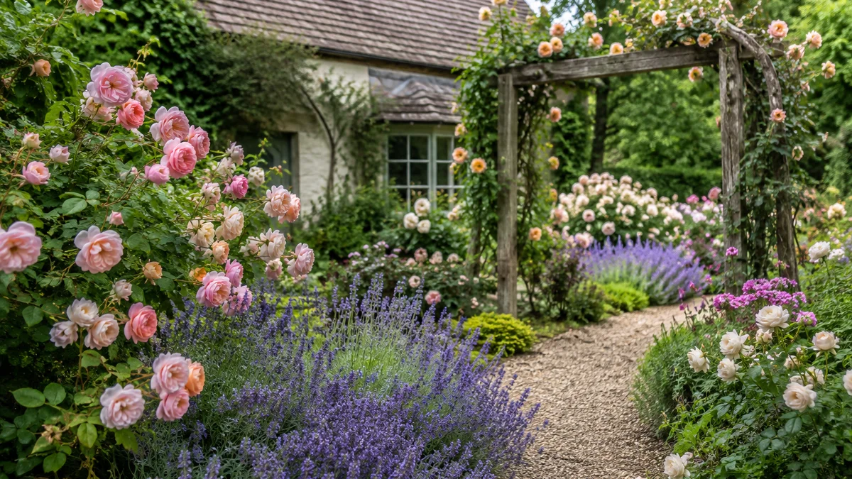 A cottage-style garden with roses, lavender, and a rustic arbor.
