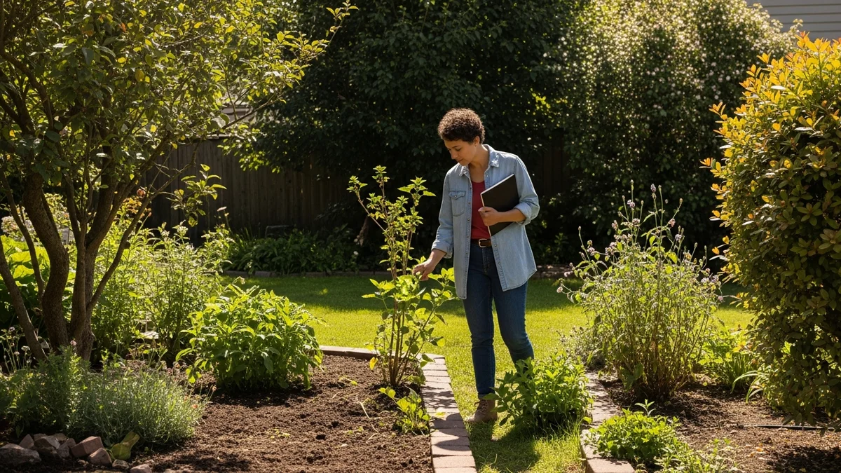 A person assessing backyard soil and plants, with sun and shade areas visible.