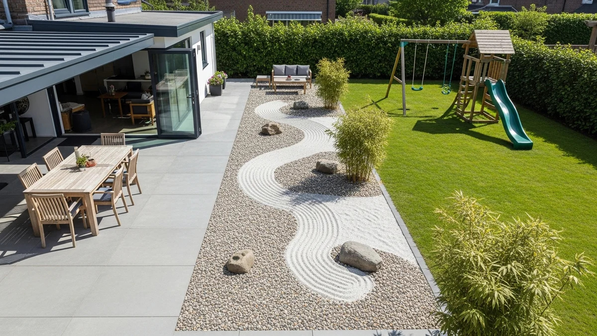 Overhead view of a large backyard with distinct zones for dining, zen garden, and play area.