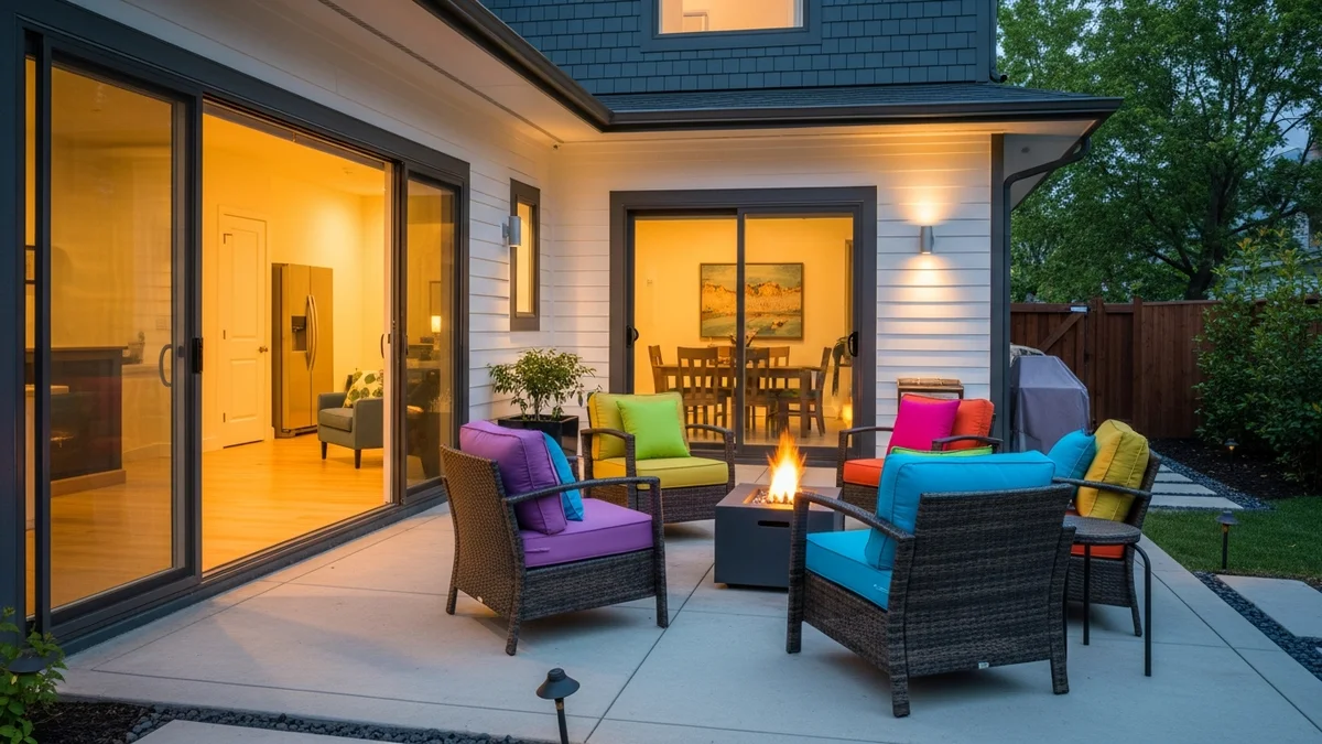 Modern backyard patio with concrete flooring, wicker furniture, and a fire pit during golden hour.