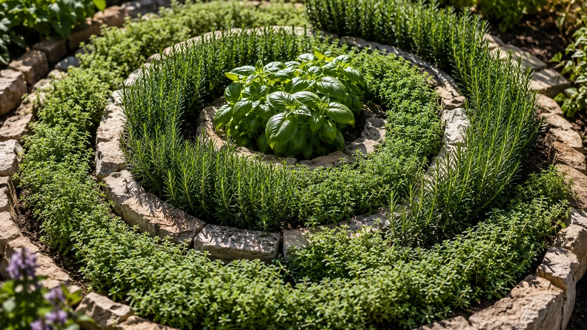 Close-up of an herb spiral garden with rosemary, thyme, and basil thriving in sunlight.