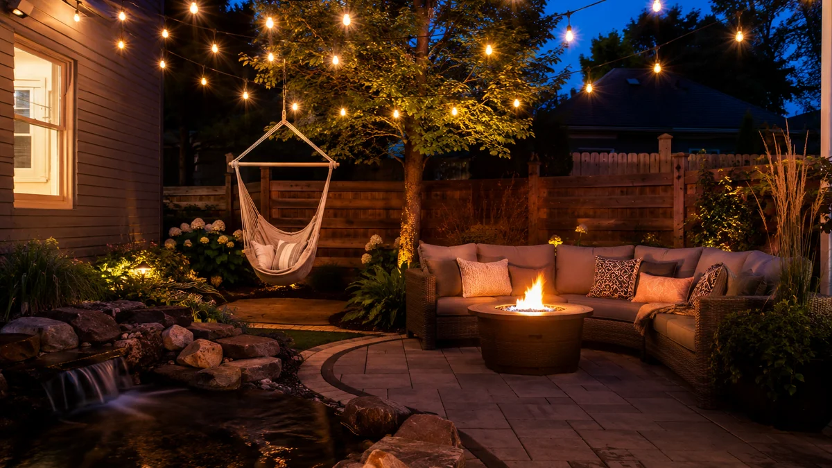 Backyard at dusk with string lights, a hammock, and a water feature for evening ambiance.