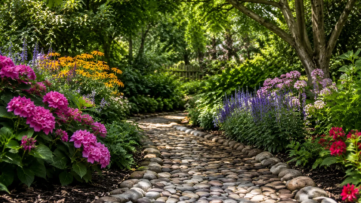A garden path made of river stones surrounded by vibrant flowers and trees.