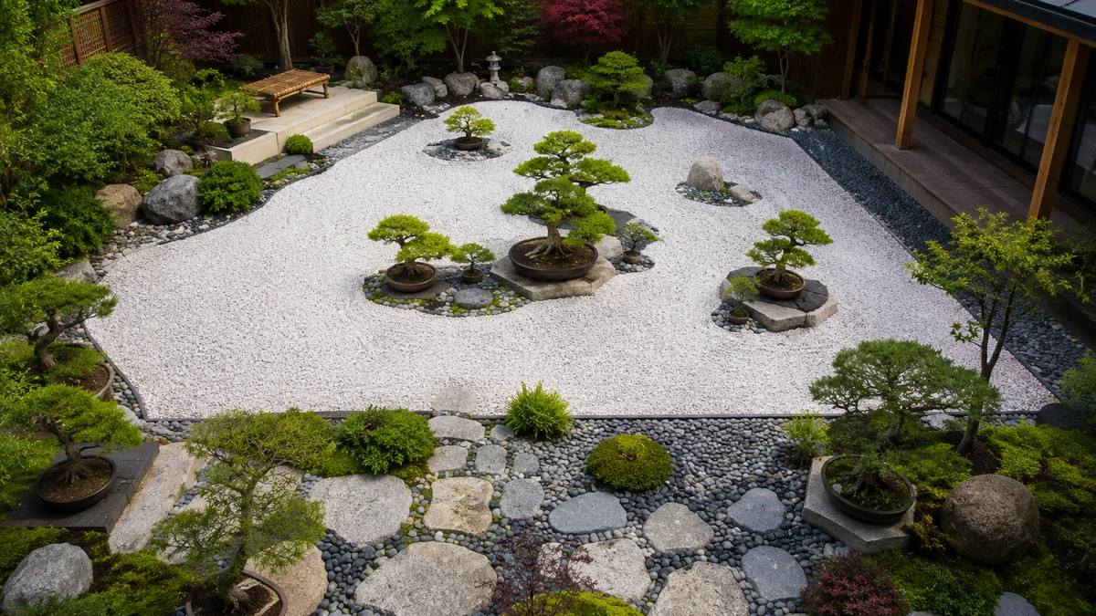 A Zen garden with gravel, pebbles, and bonsai trees in a backyard.