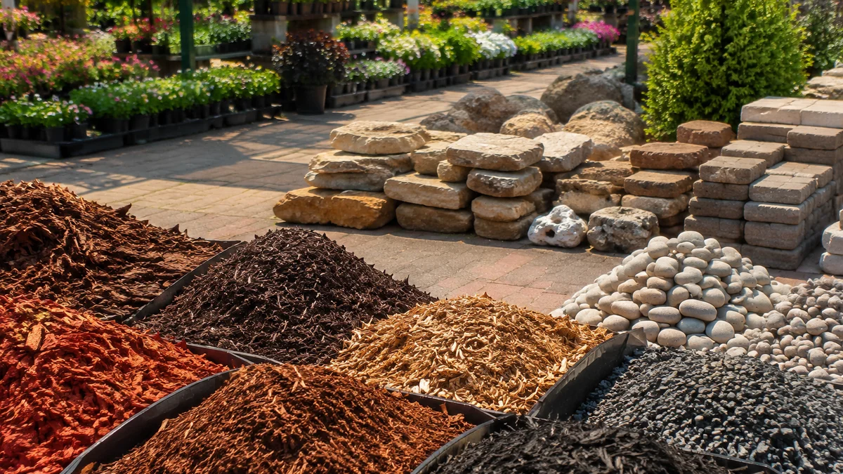 A garden center showcasing various landscape materials like mulch, pavers, and stones.