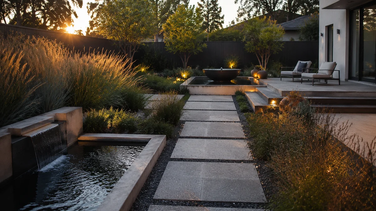 A modern backyard with stone pathways and water features at golden hour.