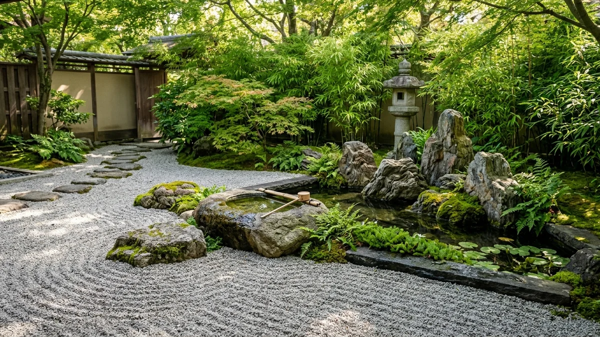 A peaceful zen garden with a pond and bamboo plants