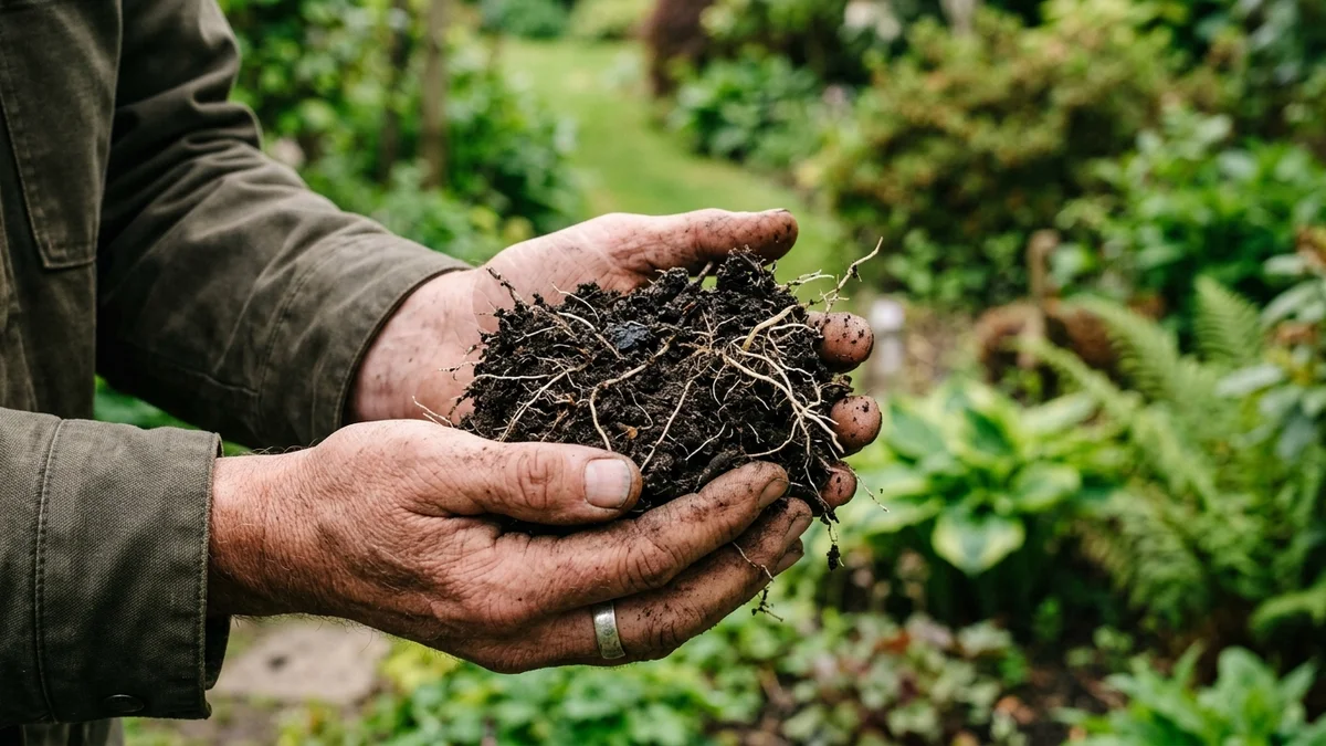 Gardener's hands holding rich soil with visible plant roots