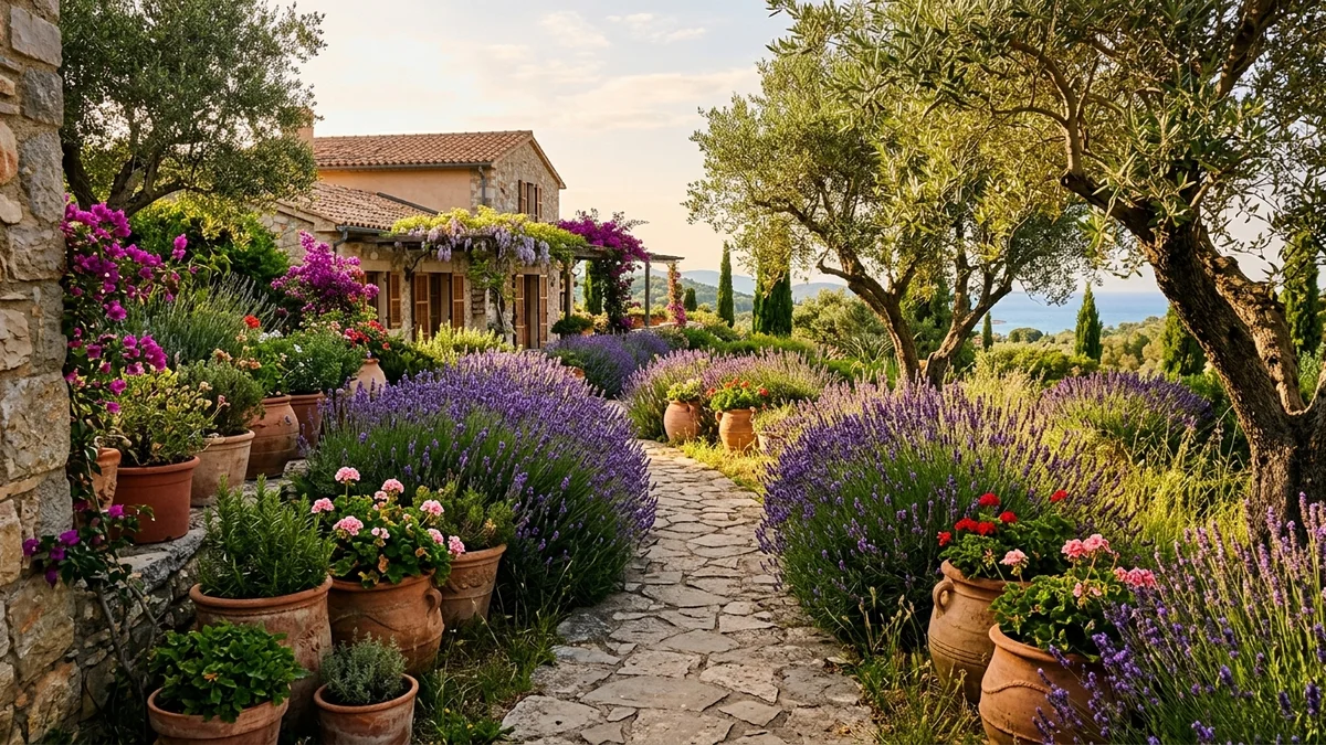 A Mediterranean garden with olive trees and lavender