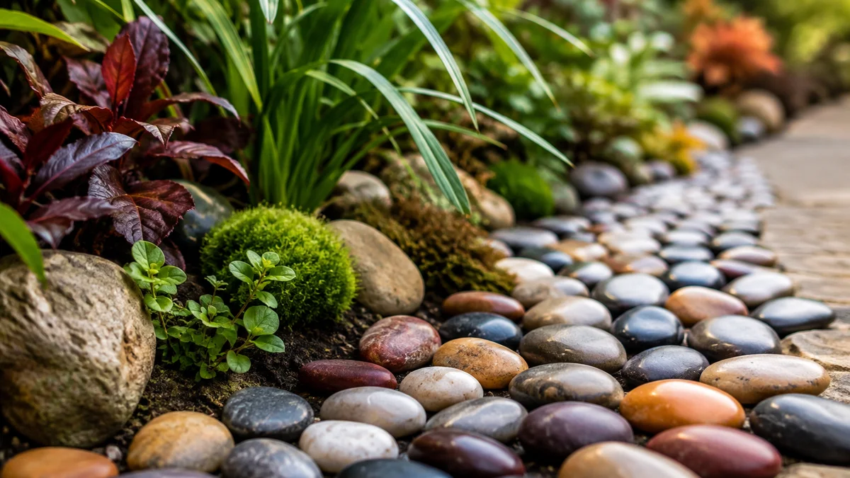 Colorful garden stones along a garden path with greenery