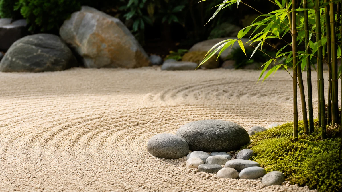 A zen garden with raked sand, pebbles, and bamboo