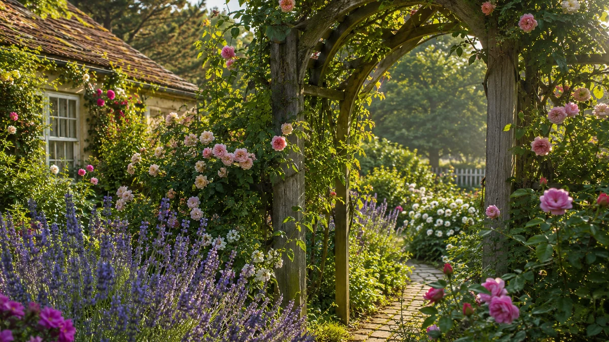 Cottage-style garden with roses and a wooden arbor