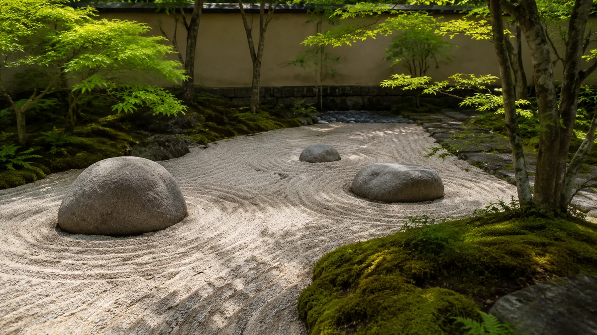 Serene Zen garden with raked gravel and minimalist design