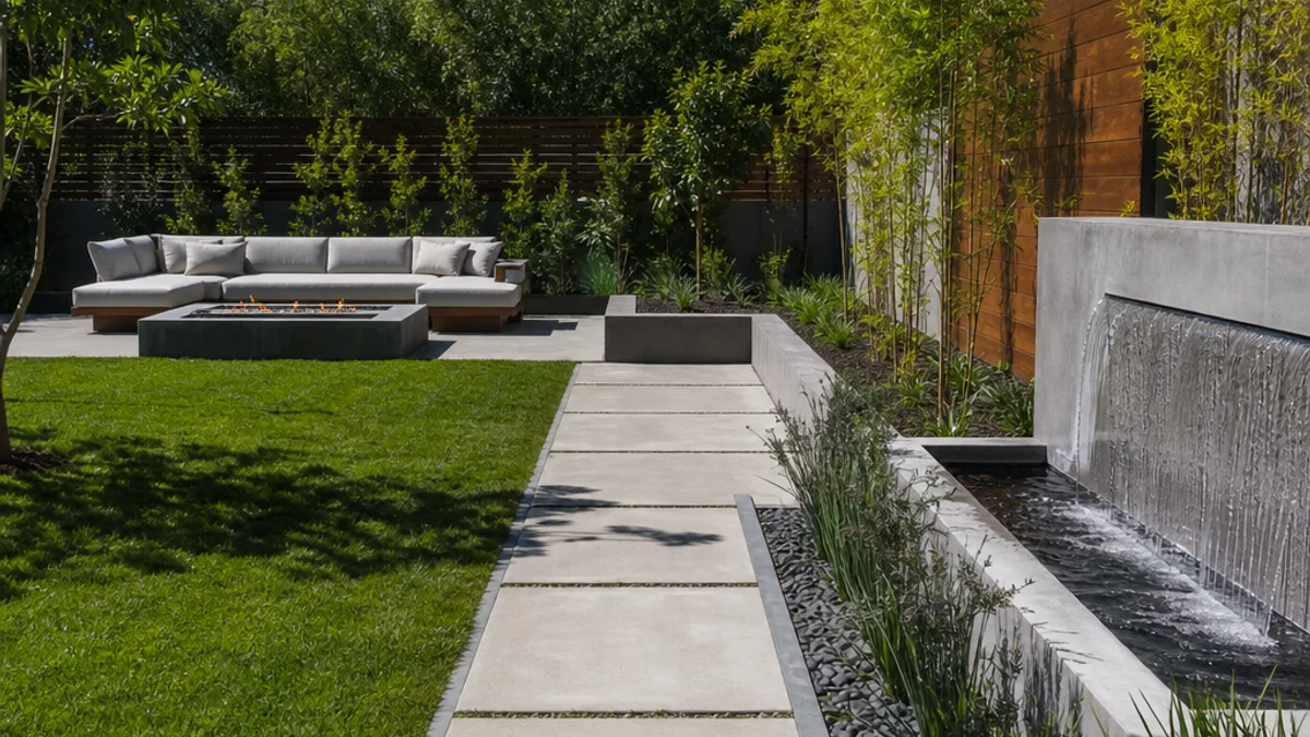 Modern backyard with concrete pavers and ornamental grasses