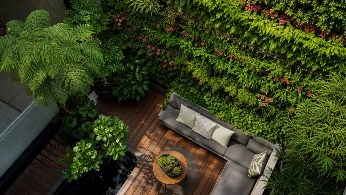 Small urban garden with vertical plantings and seating
