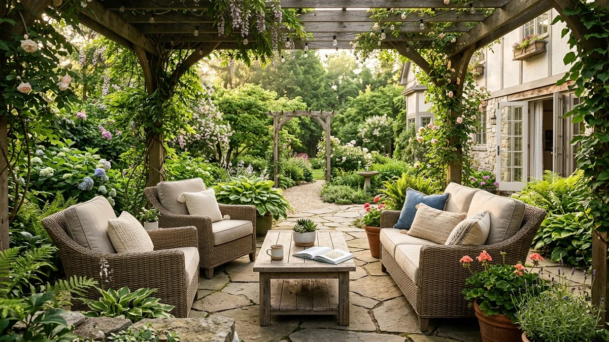 A backyard patio surrounded by greenery, creating a cozy outdoor space