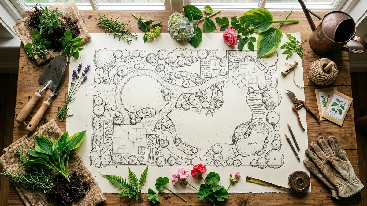 A garden design blueprint with sketches, plant samples, and tools